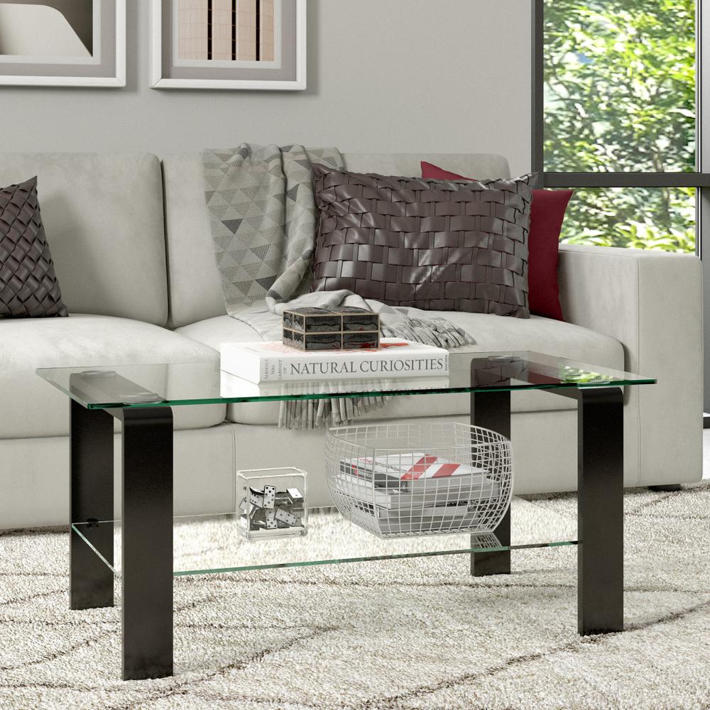 40" Black Glass And Steel Coffee Table With Shelf. Picture 5