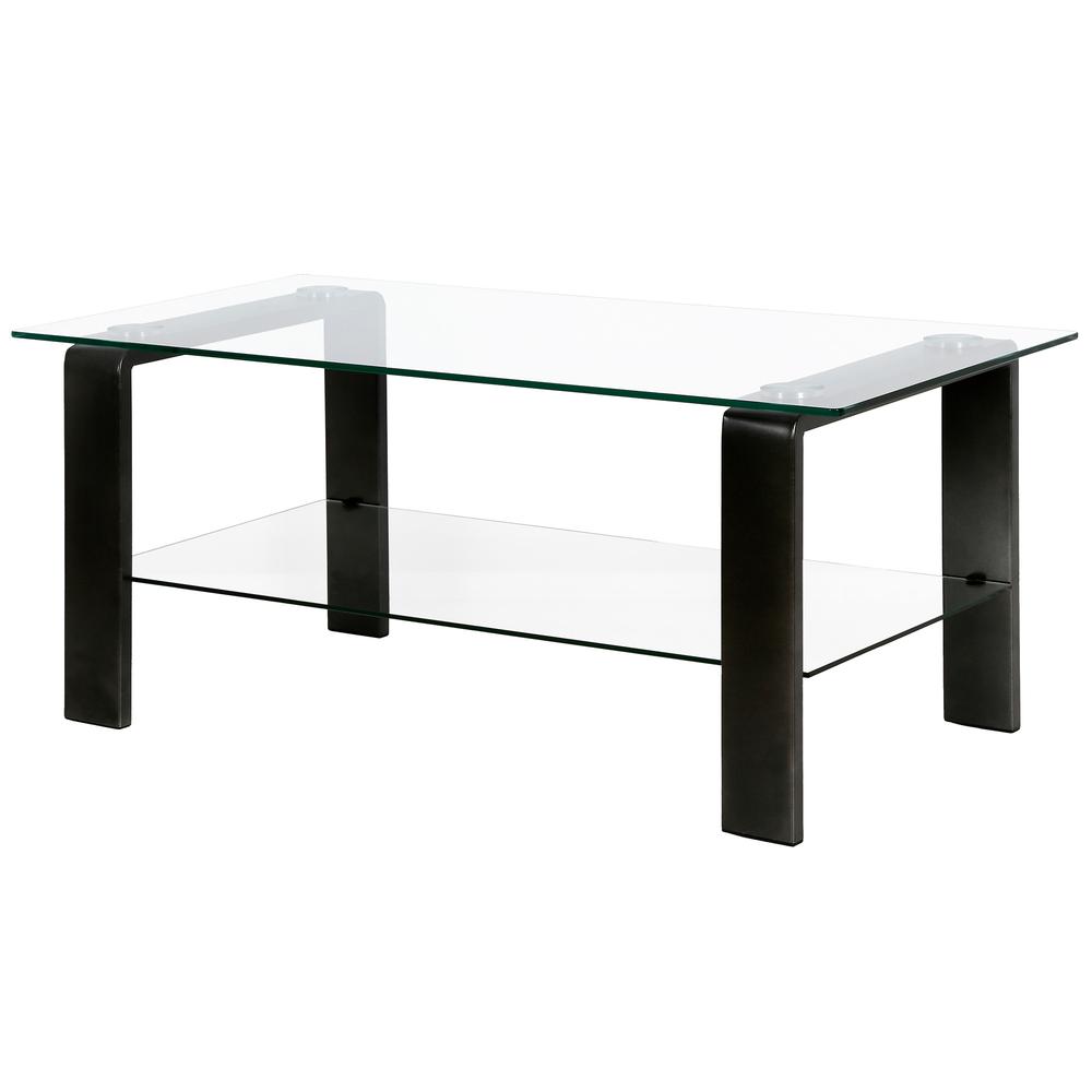 40" Black Glass And Steel Coffee Table With Shelf. Picture 4