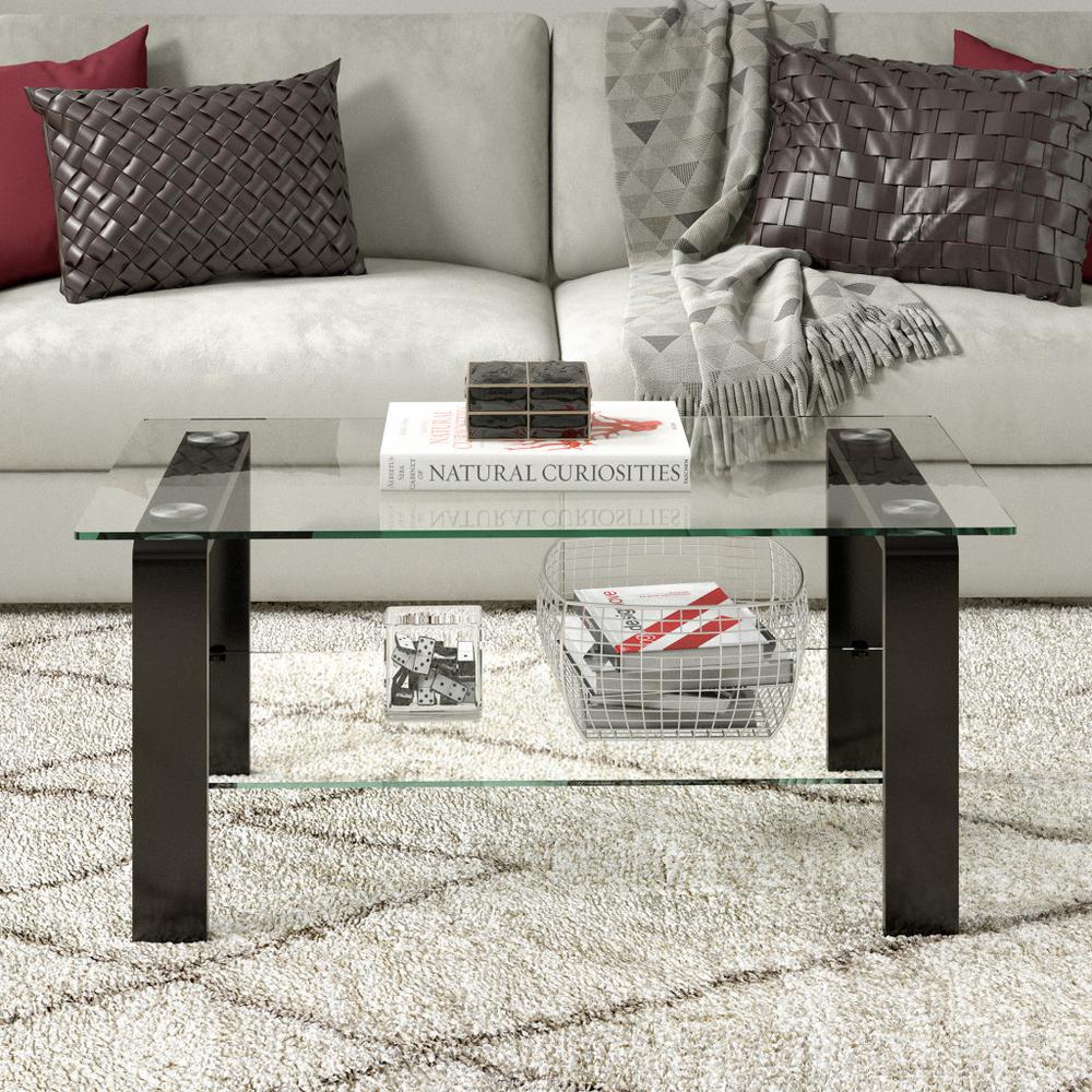 40" Black Glass And Steel Coffee Table With Shelf. Picture 7