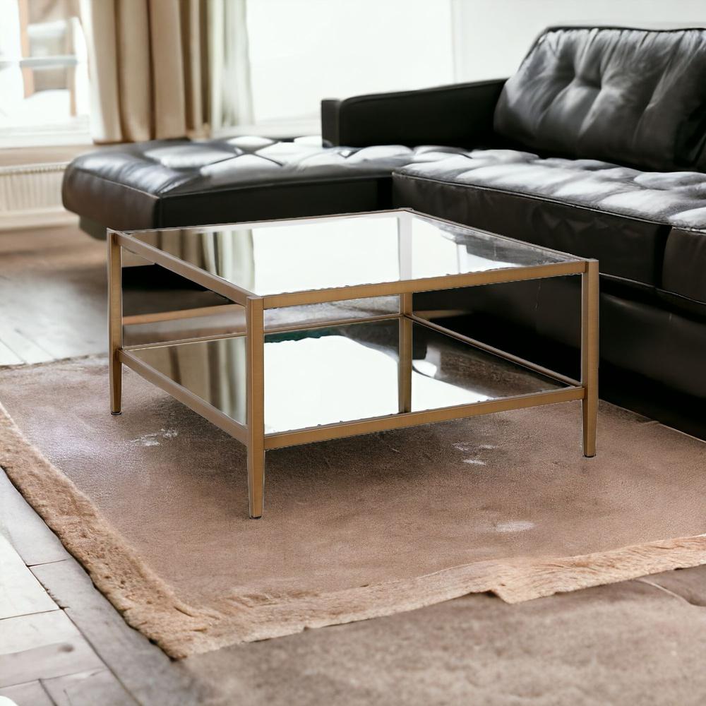32" Gold Glass And Steel Square Coffee Table With Shelf. Picture 2