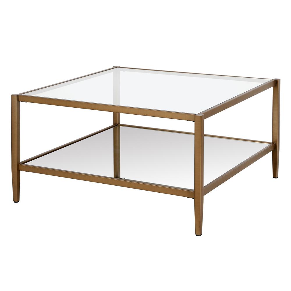 32" Gold Glass And Steel Square Coffee Table With Shelf. Picture 4
