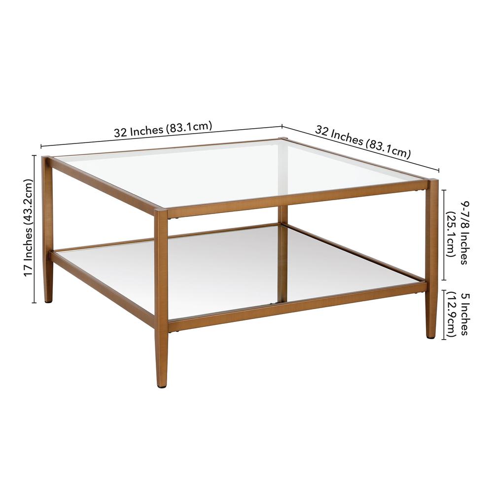 32" Gold Glass And Steel Square Coffee Table With Shelf. Picture 8