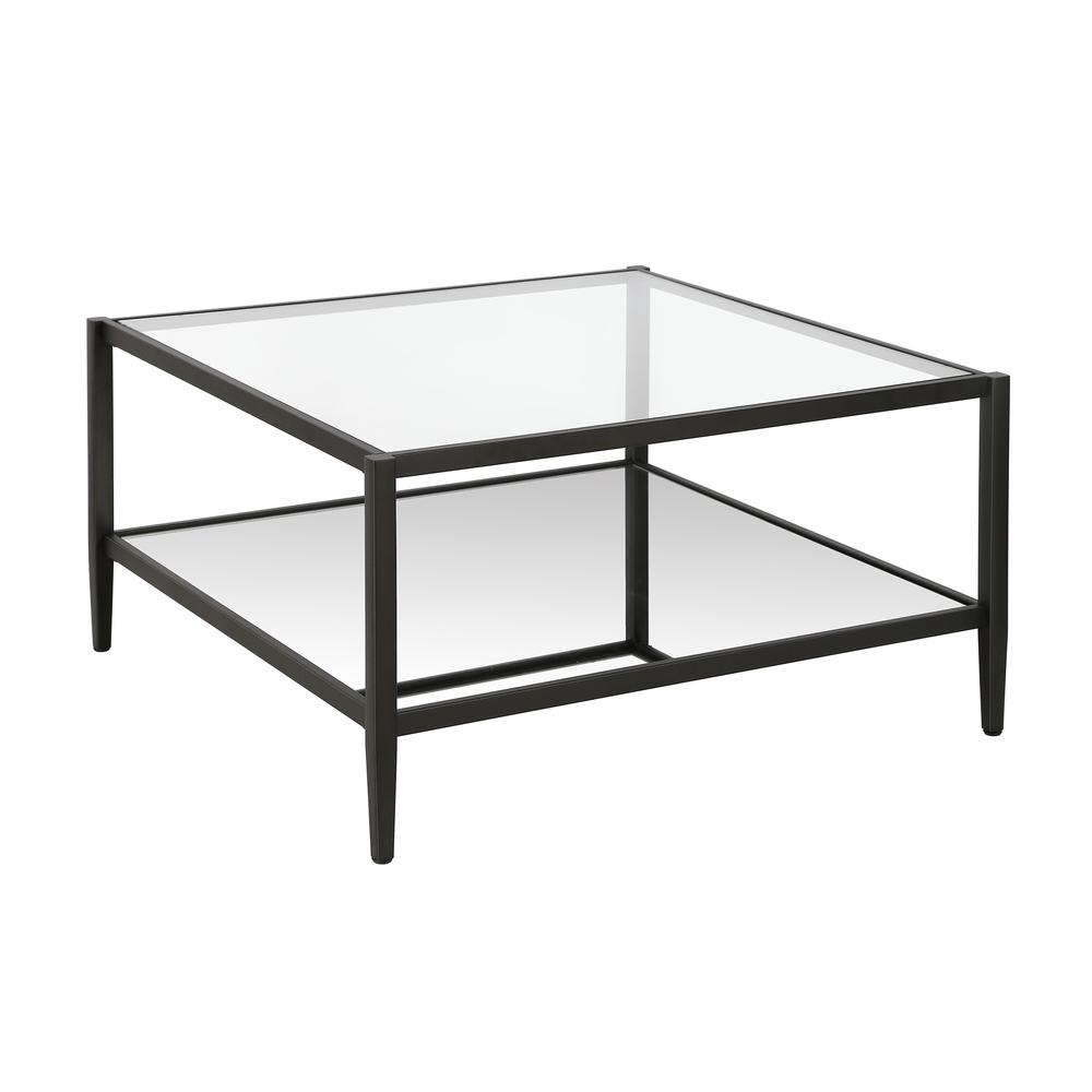 32" Black Glass And Steel Square Coffee Table With Shelf. Picture 1