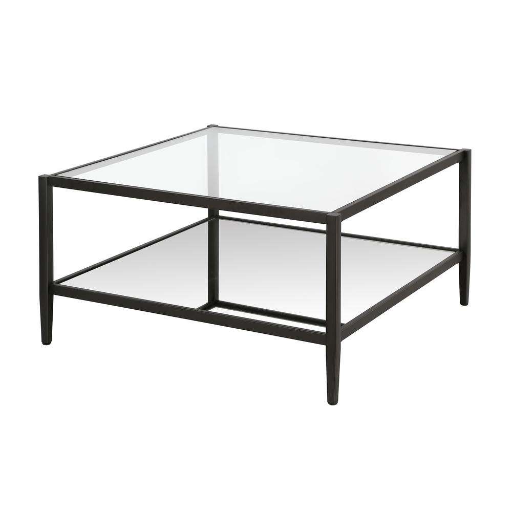 32" Black Glass And Steel Square Coffee Table With Shelf. Picture 3