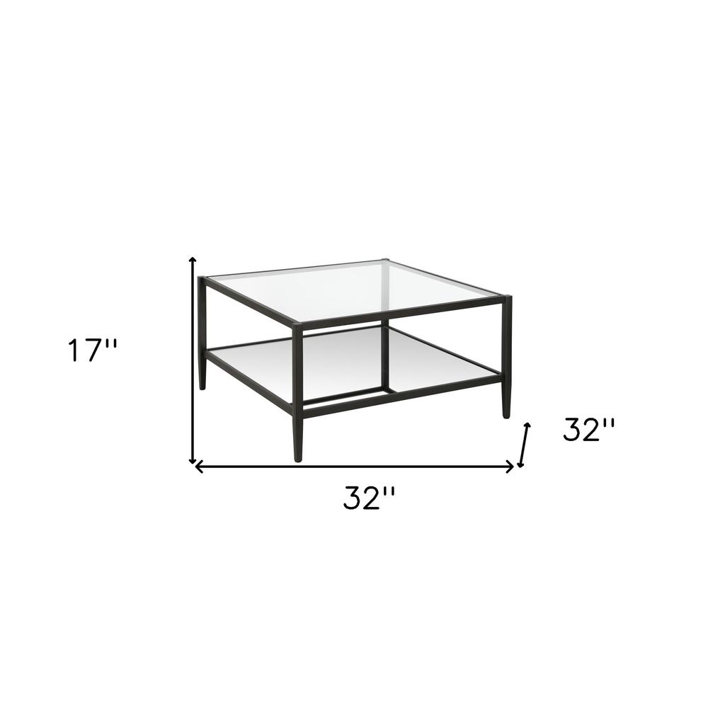 32" Black Glass And Steel Square Coffee Table With Shelf. Picture 6