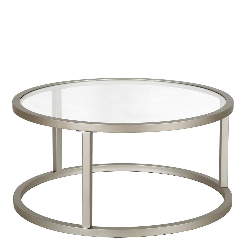 35" Silver Glass And Steel Round Coffee Table. Picture 1
