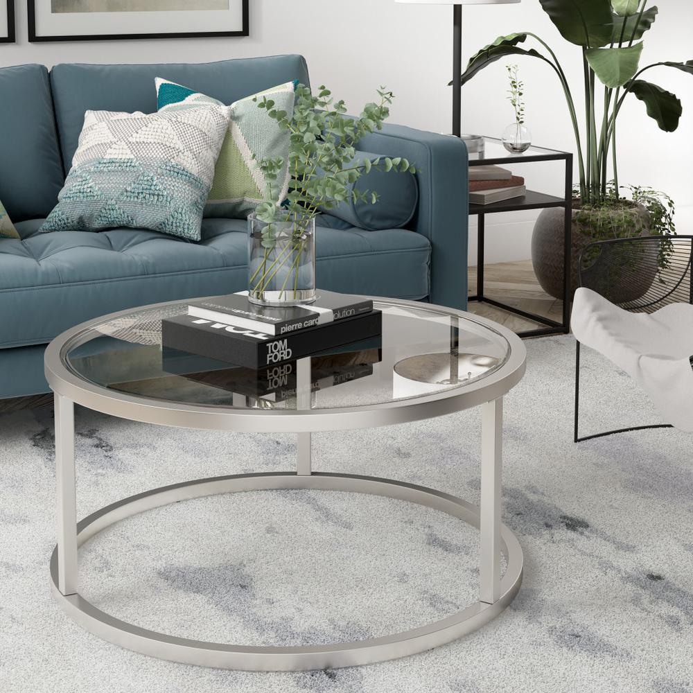 35" Silver Glass And Steel Round Coffee Table. Picture 4