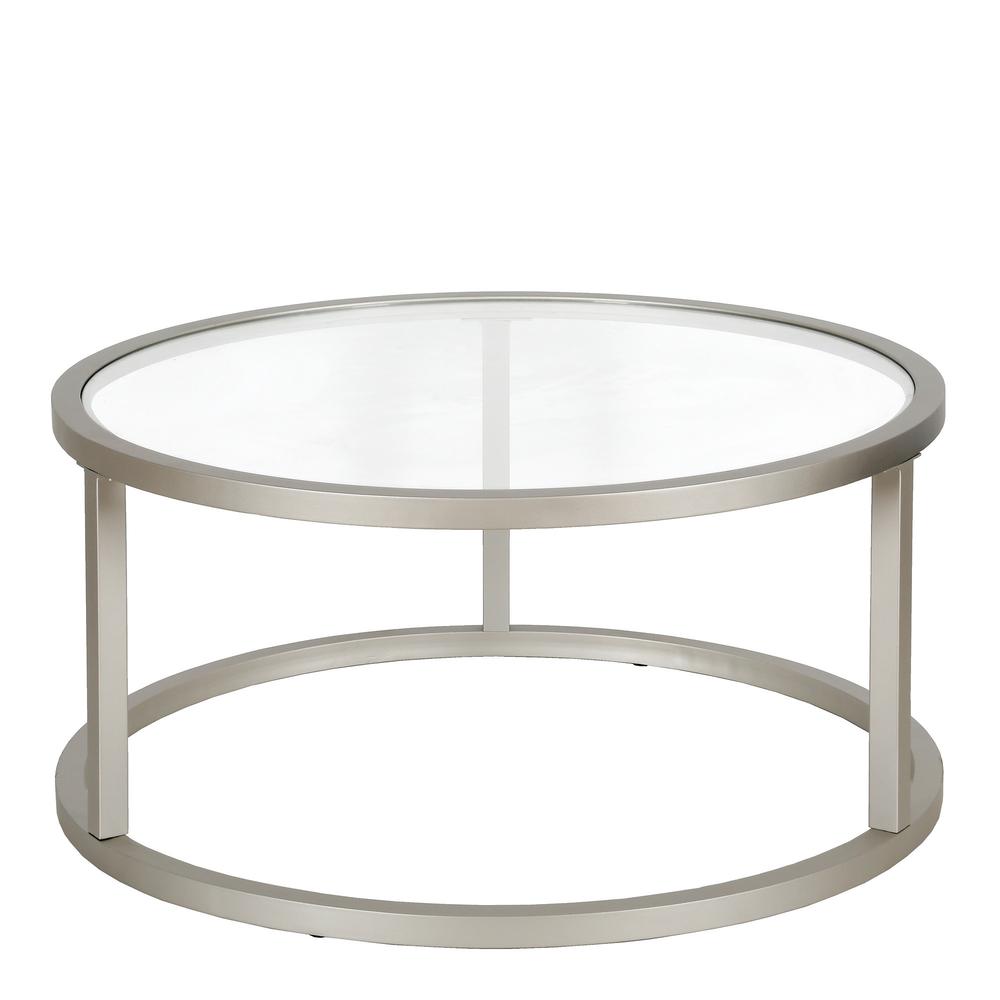 35" Silver Glass And Steel Round Coffee Table. Picture 3