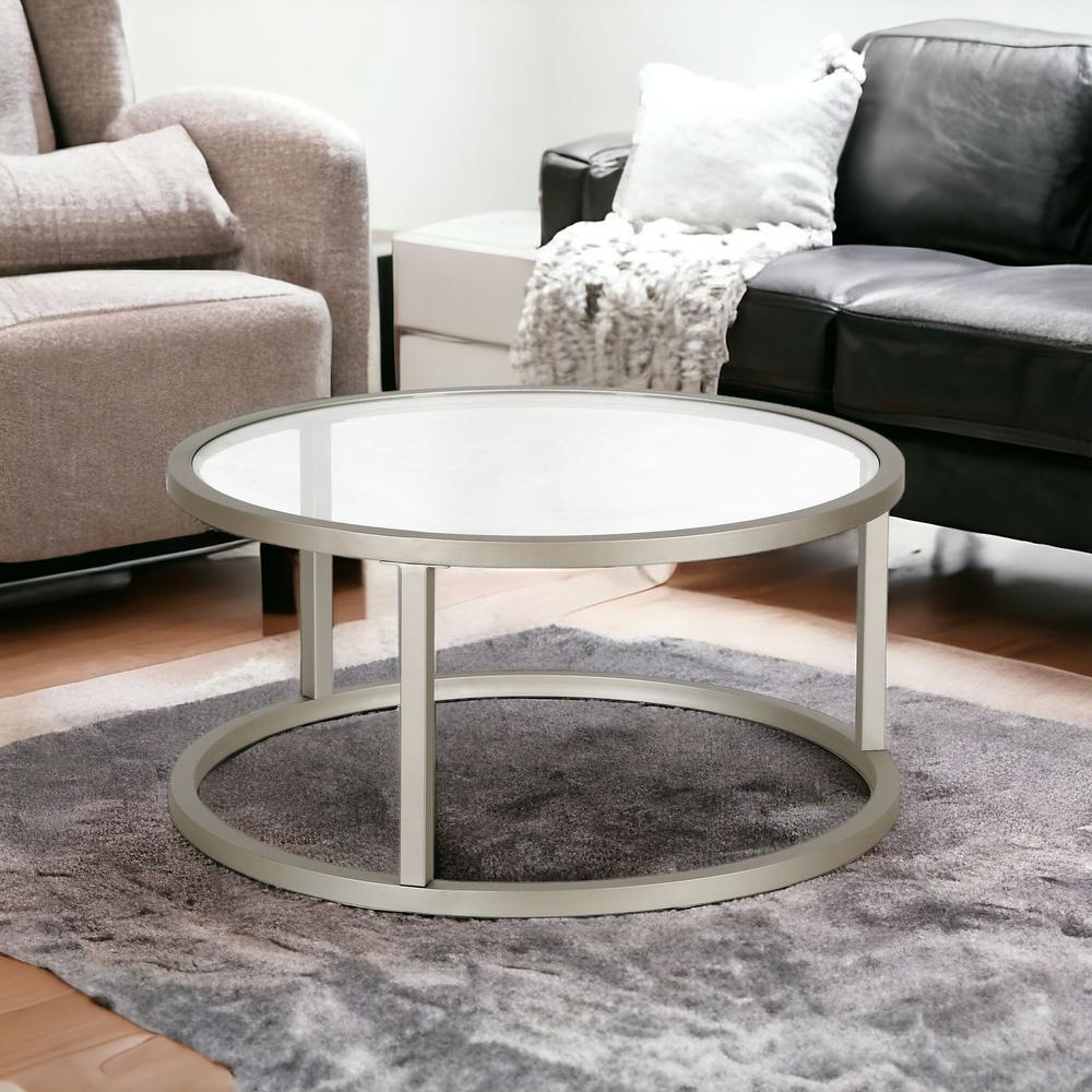 35" Silver Glass And Steel Round Coffee Table. Picture 2