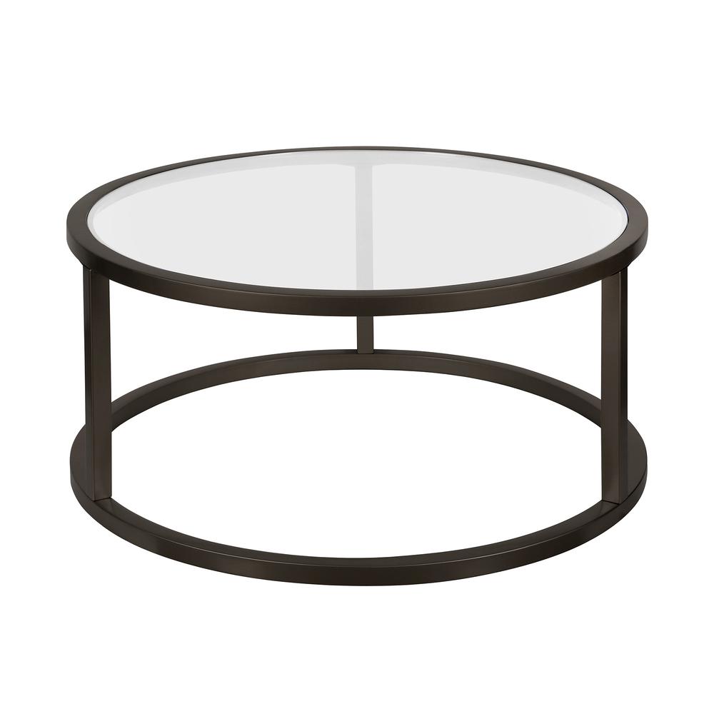 35" Black Glass And Steel Round Coffee Table. Picture 1