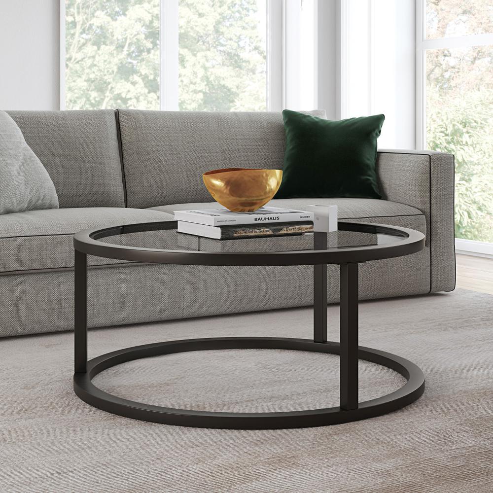 35" Black Glass And Steel Round Coffee Table. Picture 3