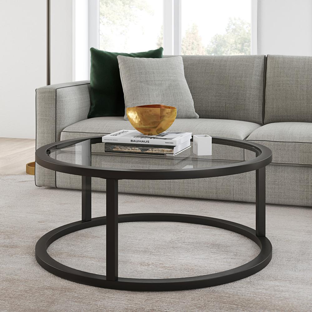 35" Black Glass And Steel Round Coffee Table. Picture 4