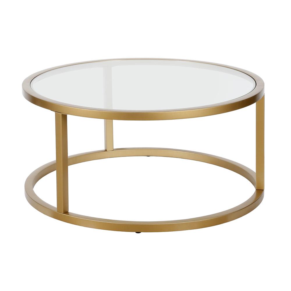35" Gold Glass And Steel Round Coffee Table. Picture 1
