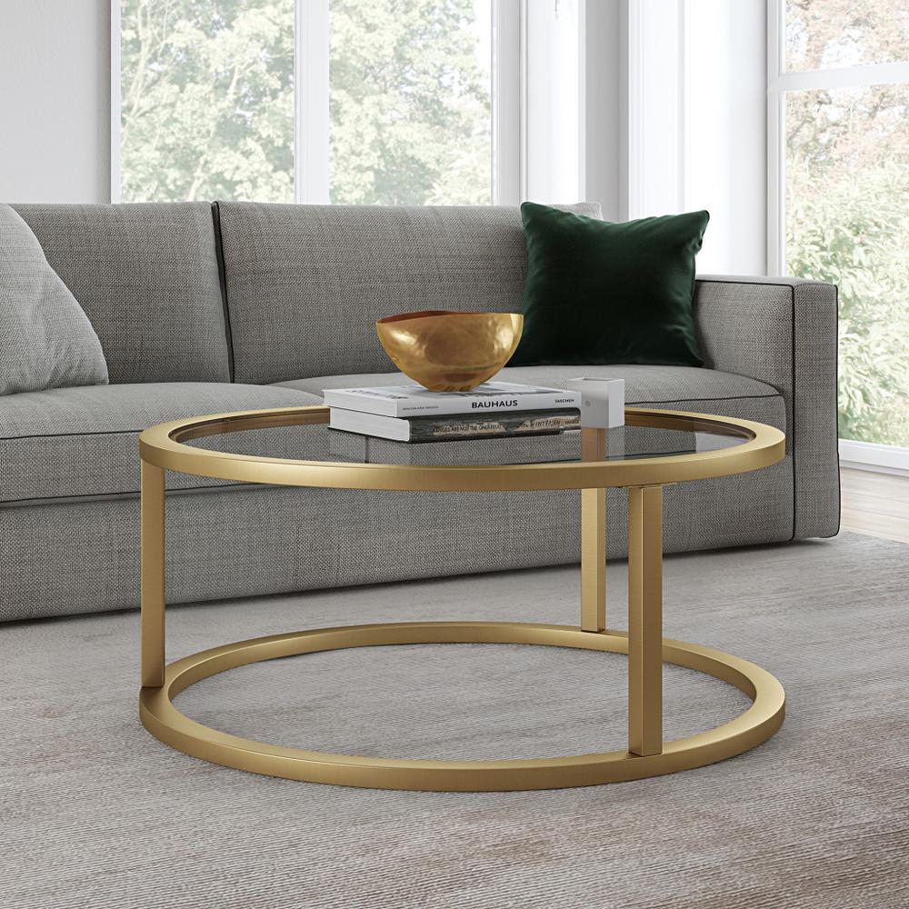 35" Gold Glass And Steel Round Coffee Table. Picture 6