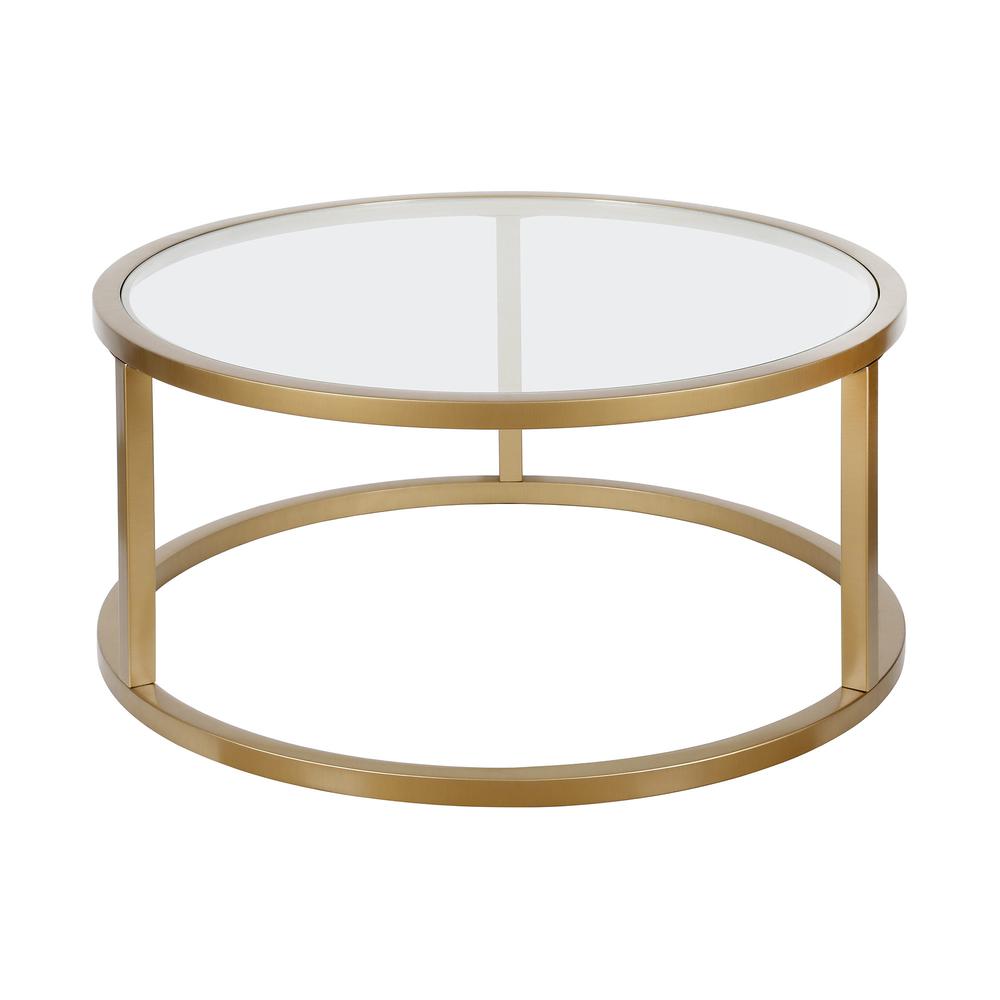 35" Gold Glass And Steel Round Coffee Table. Picture 3