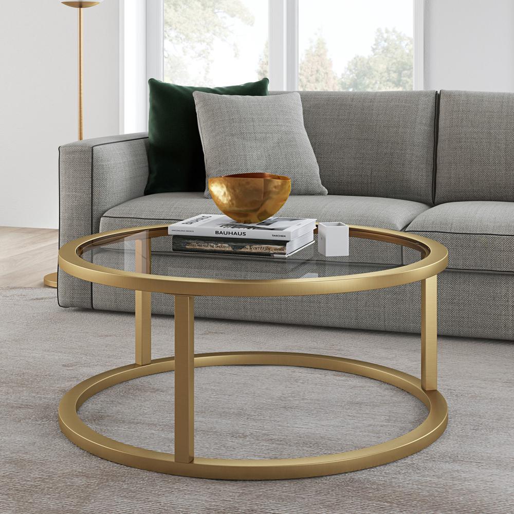 35" Gold Glass And Steel Round Coffee Table. Picture 5