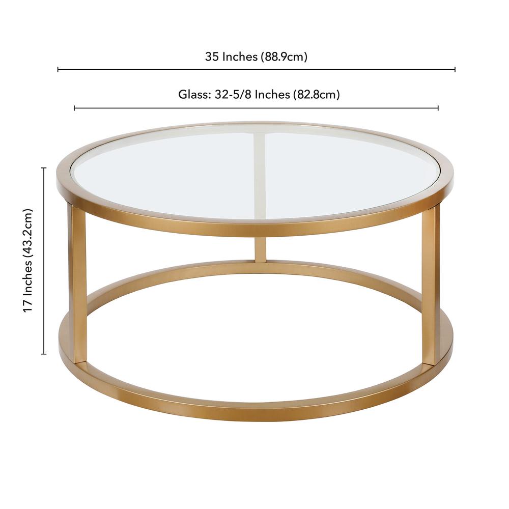 35" Gold Glass And Steel Round Coffee Table. Picture 8