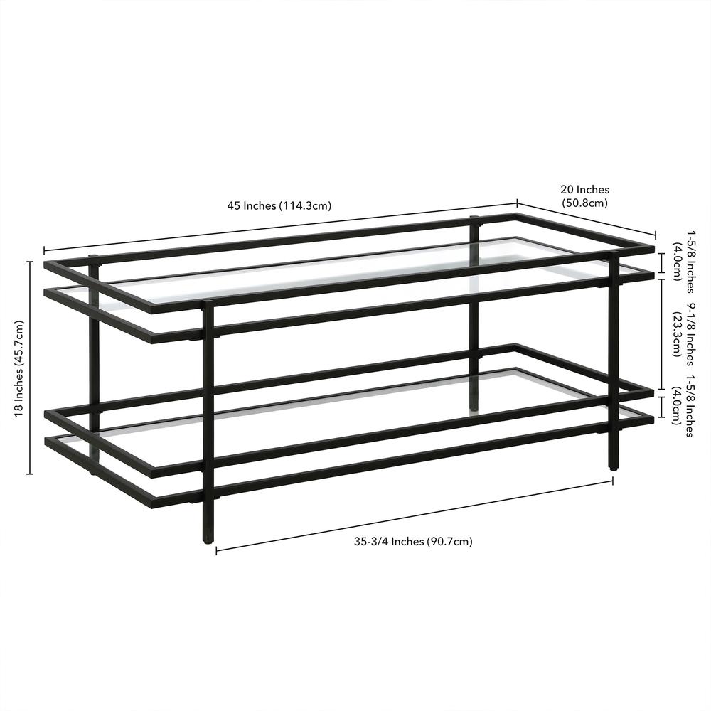 45" Black Glass And Steel Coffee Table With Shelf. Picture 8