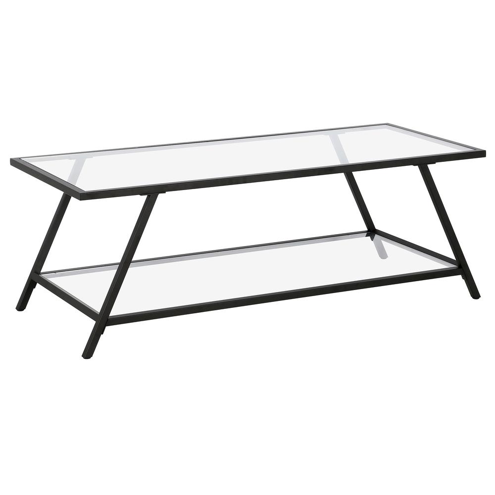 48" Black Glass And Steel Coffee Table With Shelf. Picture 1