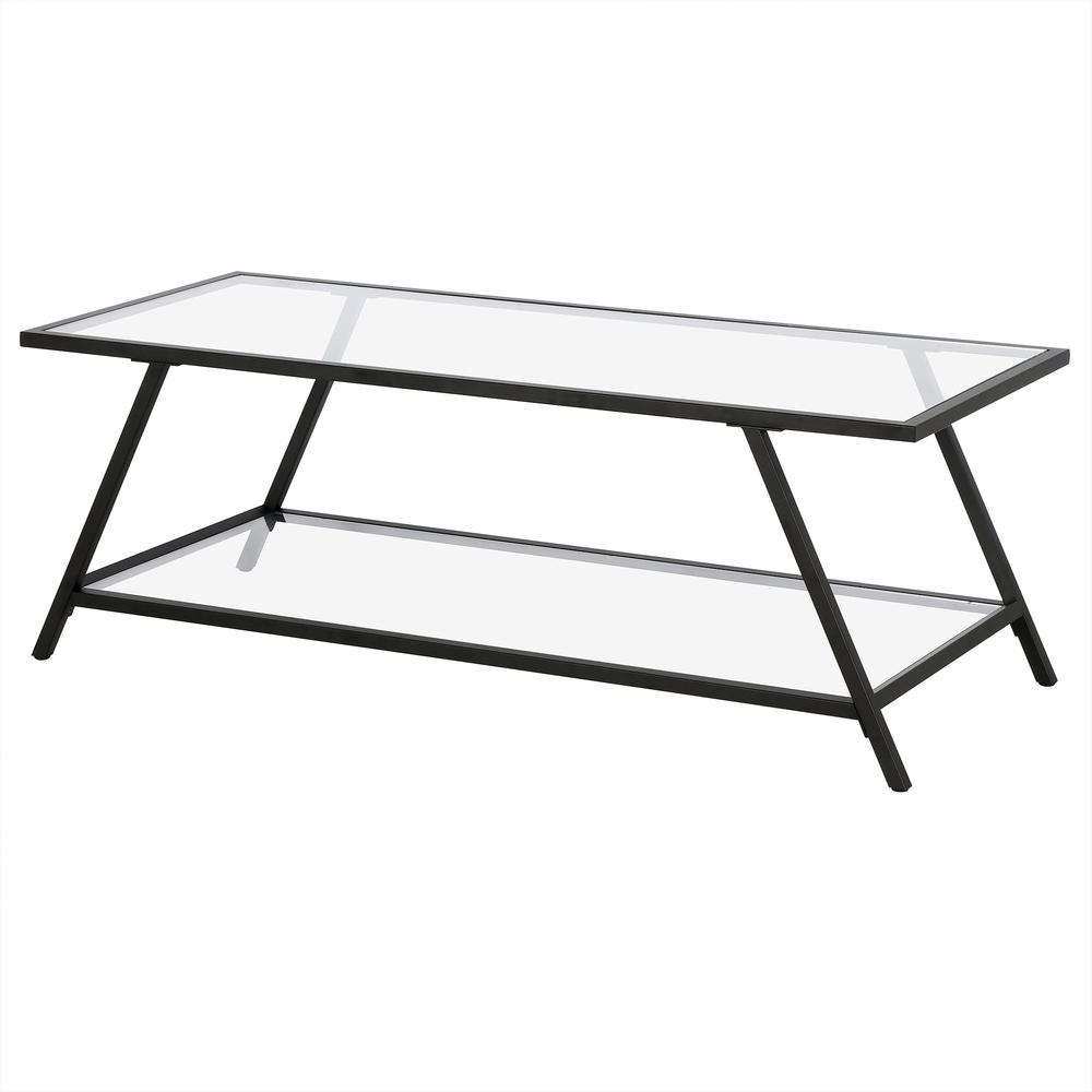 48" Black Glass And Steel Coffee Table With Shelf. Picture 4
