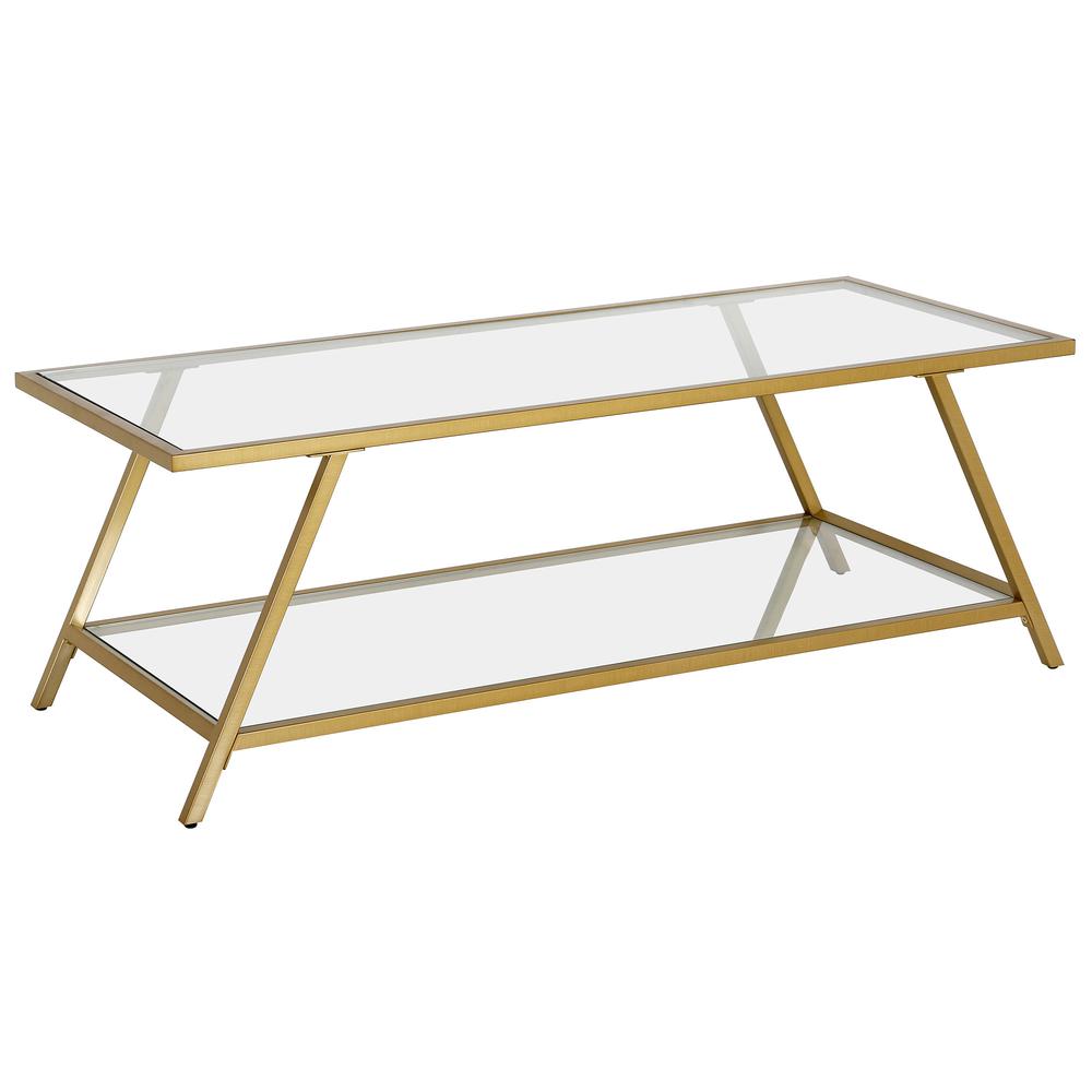 48" Gold Glass And Steel Coffee Table With Shelf. Picture 1