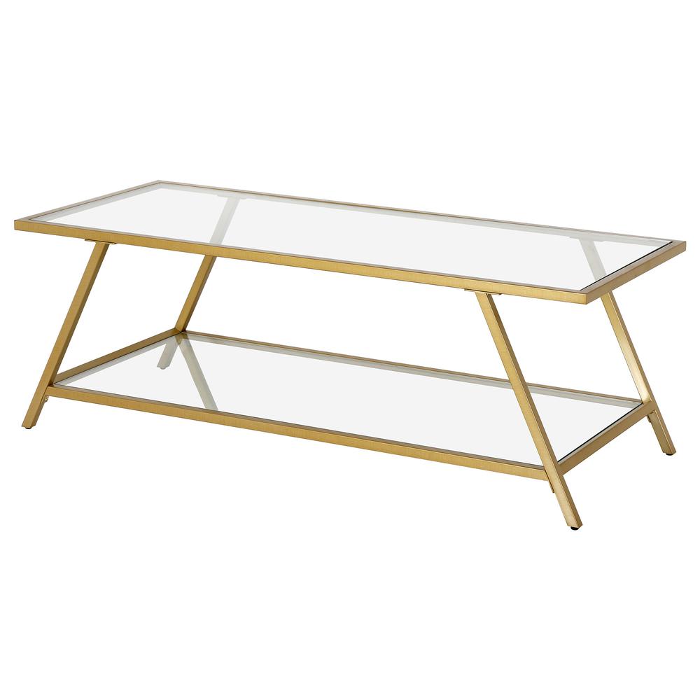 48" Gold Glass And Steel Coffee Table With Shelf. Picture 4