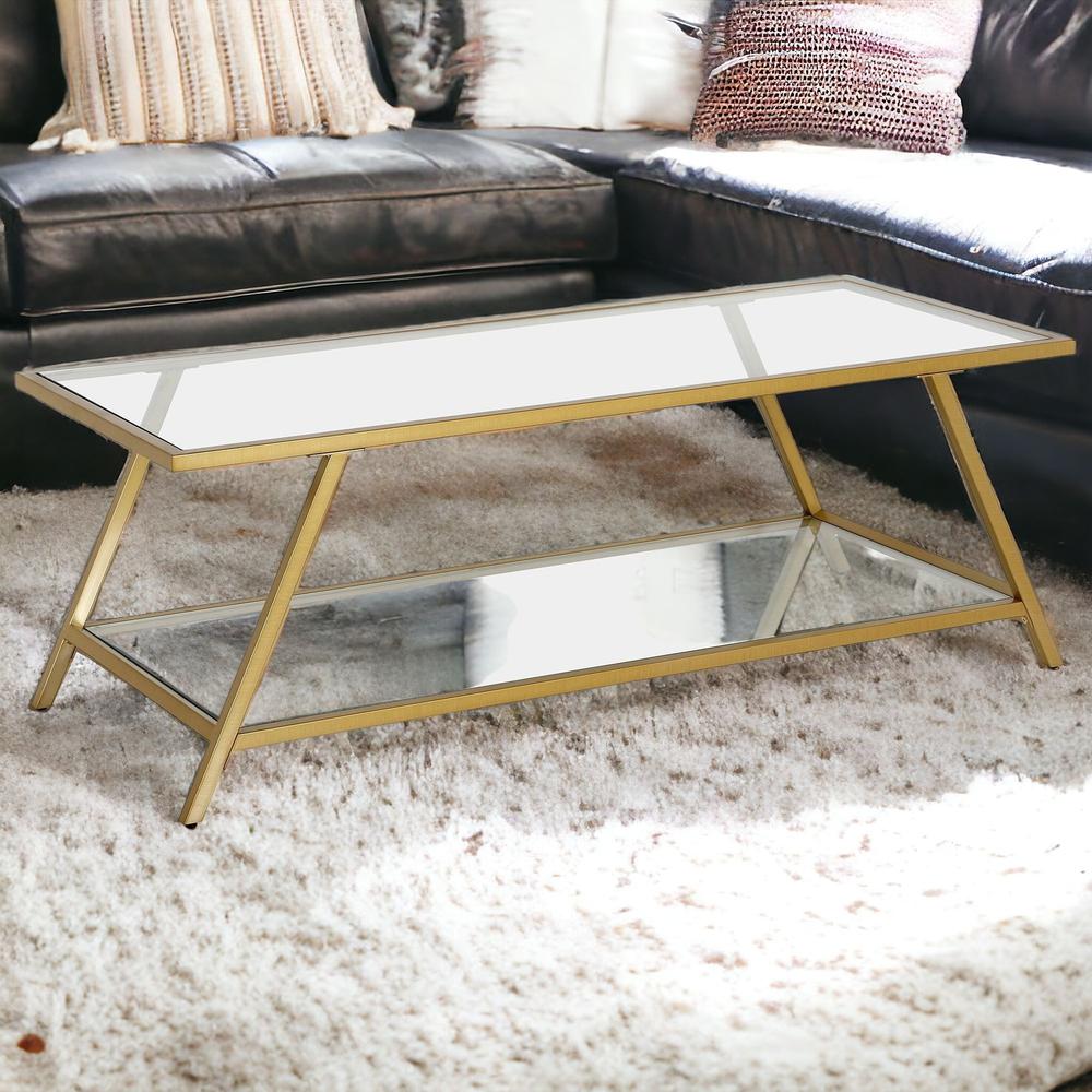 48" Gold Glass And Steel Coffee Table With Shelf. Picture 2