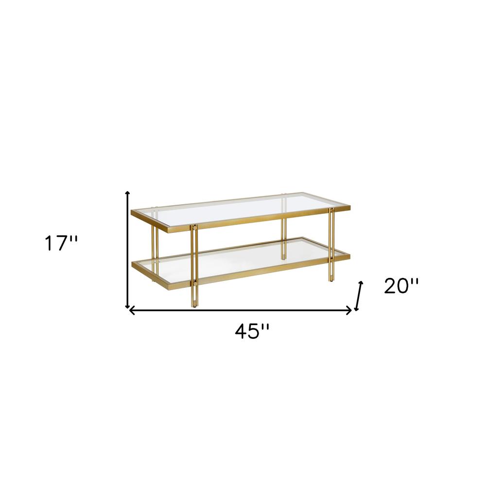 45" Gold Glass And Steel Coffee Table With Shelf. Picture 7