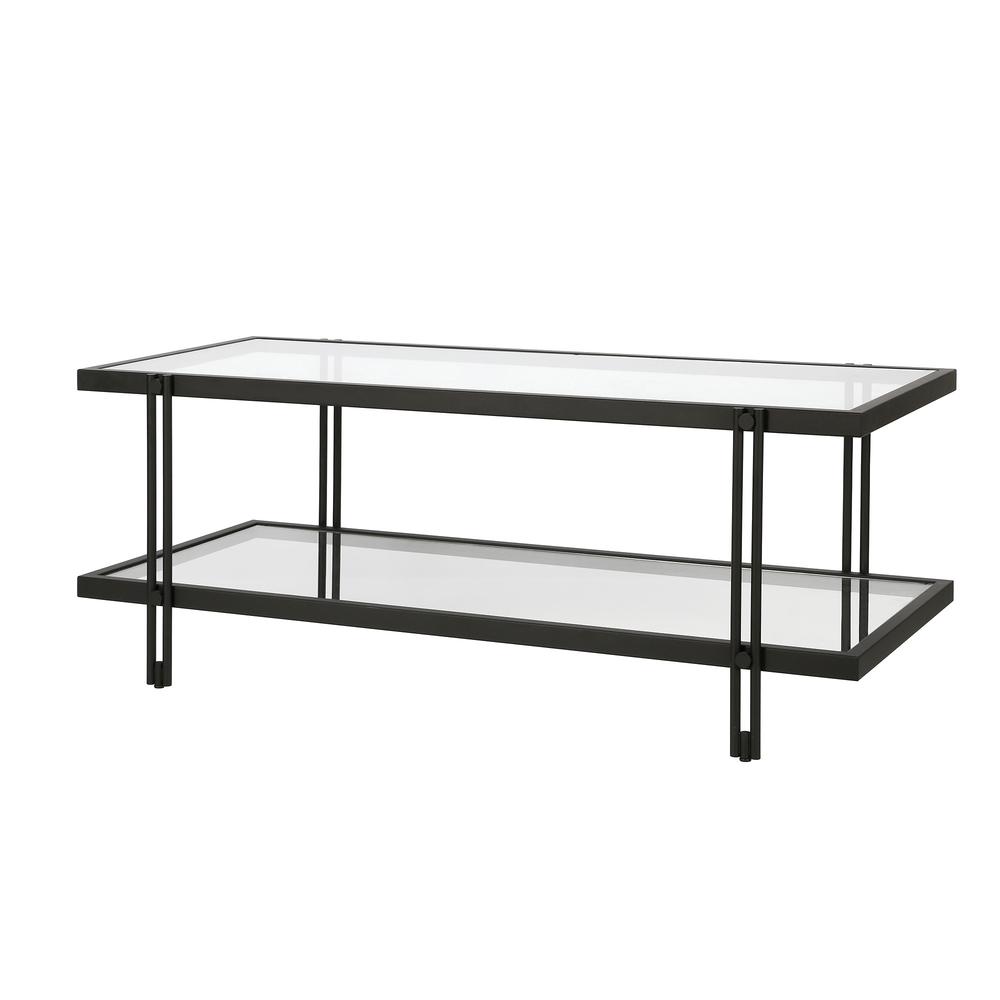 45" Black Glass And Steel Coffee Table With Shelf. Picture 3
