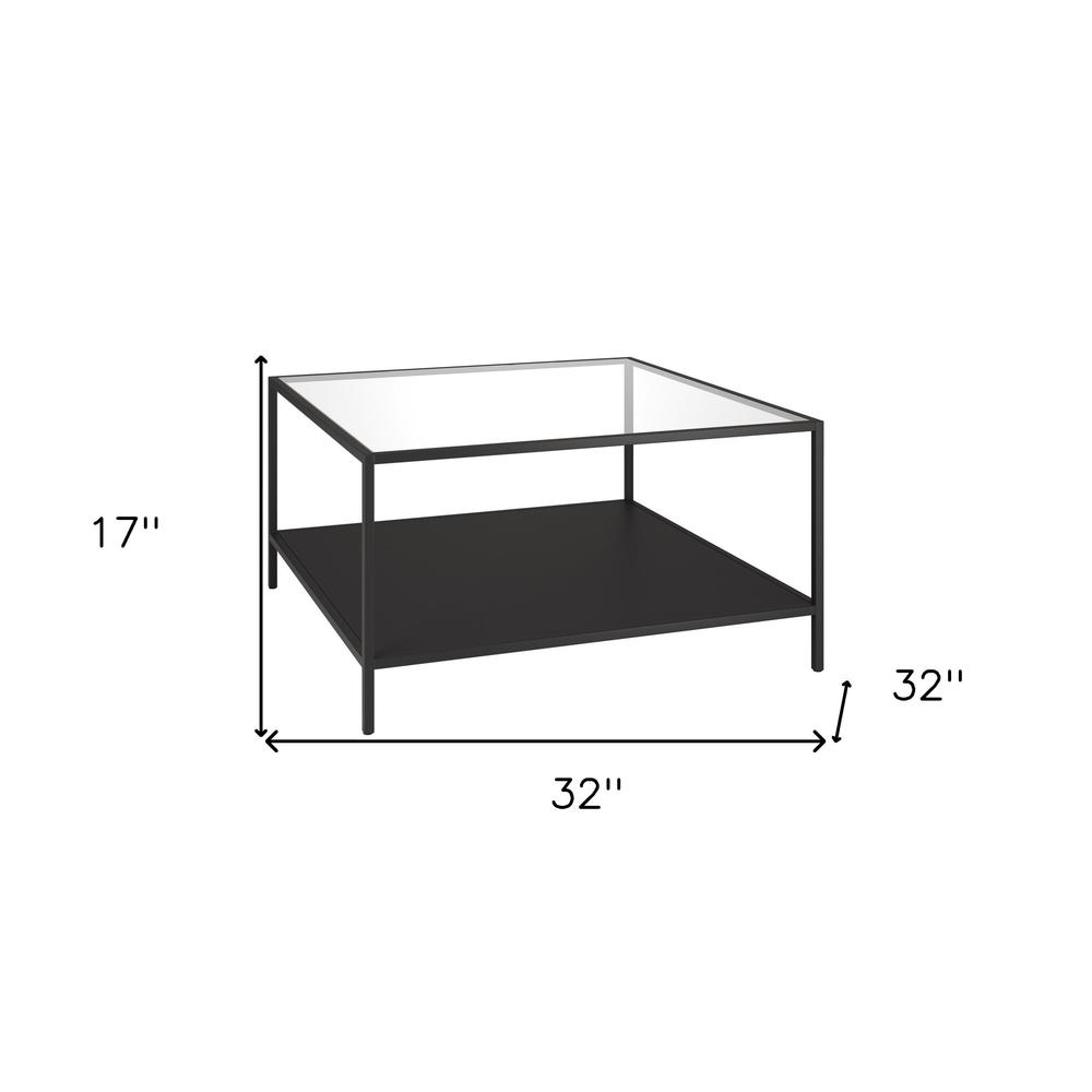 32" Black Glass And Steel Square Coffee Table With Shelf. Picture 7