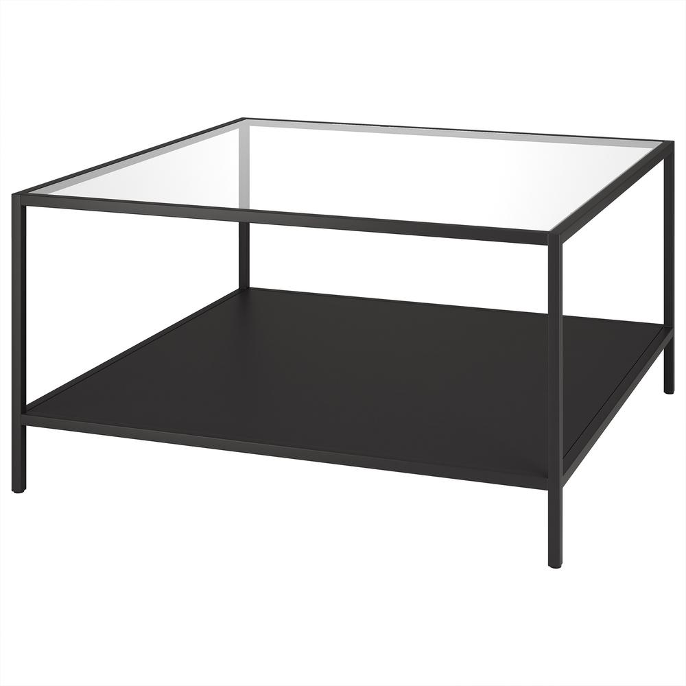 32" Black Glass And Steel Square Coffee Table With Shelf. Picture 3