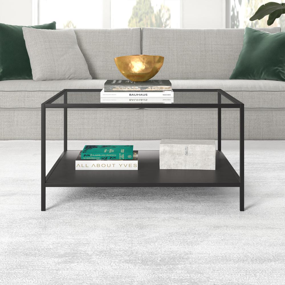 32" Black Glass And Steel Square Coffee Table With Shelf. Picture 4