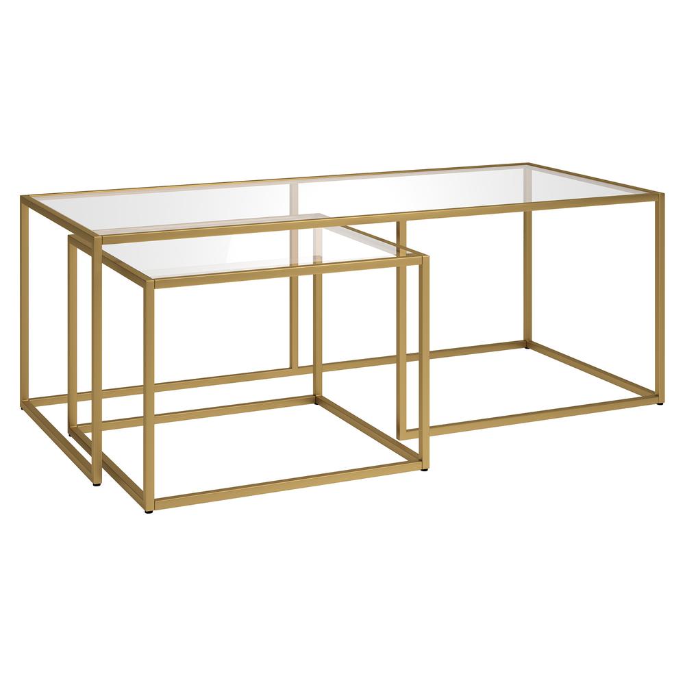 Set of Two 50" Gold Glass And Steel Nested Coffee Tables. Picture 1