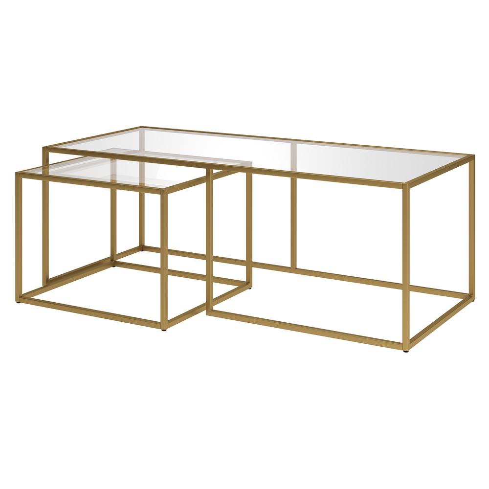Set of Two 50" Gold Glass And Steel Nested Coffee Tables. Picture 3