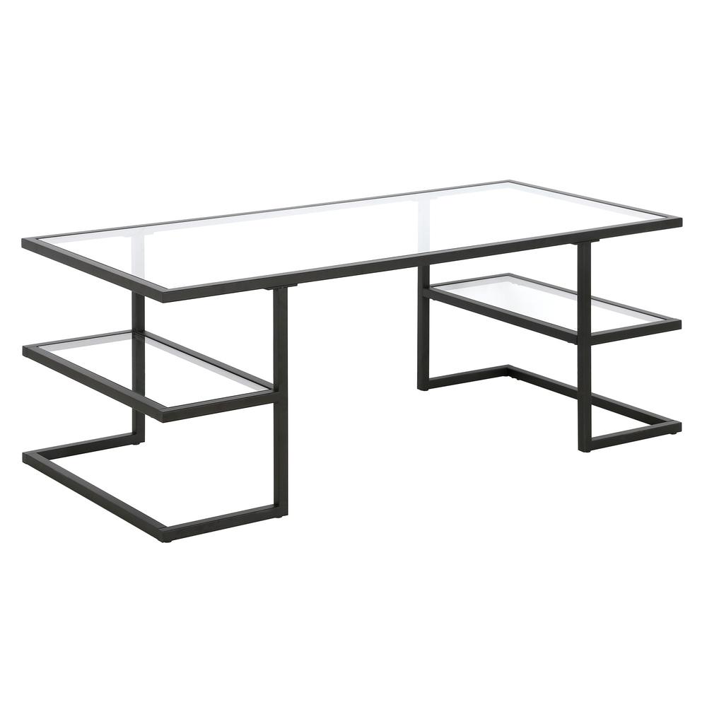 47" Black Glass And Steel Coffee Table With Two Shelves. Picture 1