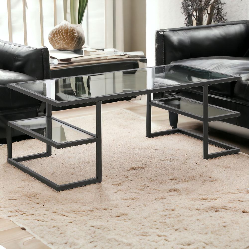 47" Black Glass And Steel Coffee Table With Two Shelves. Picture 2