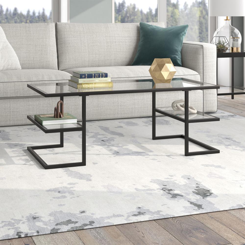 47" Black Glass And Steel Coffee Table With Two Shelves. Picture 5