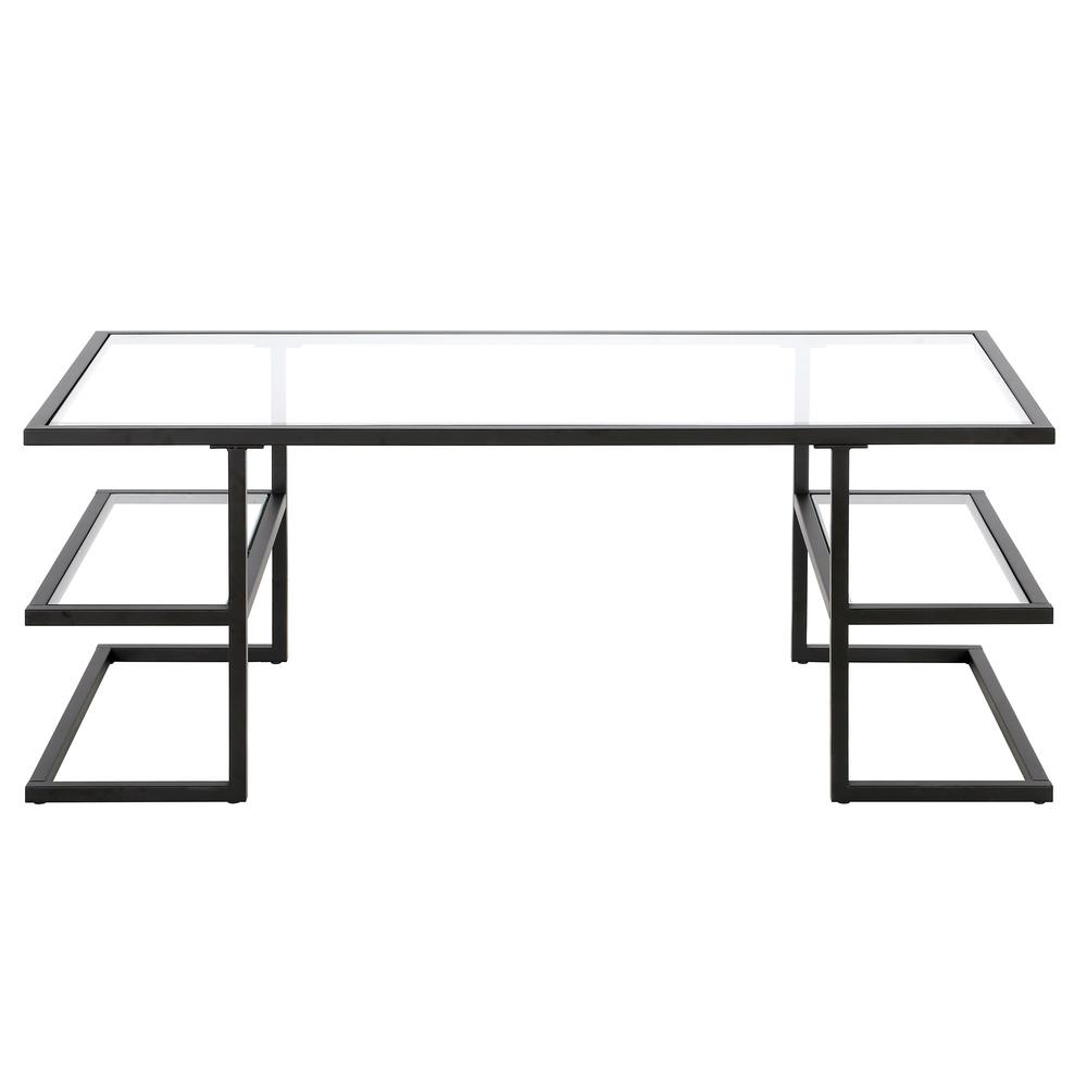 47" Black Glass And Steel Coffee Table With Two Shelves. Picture 3