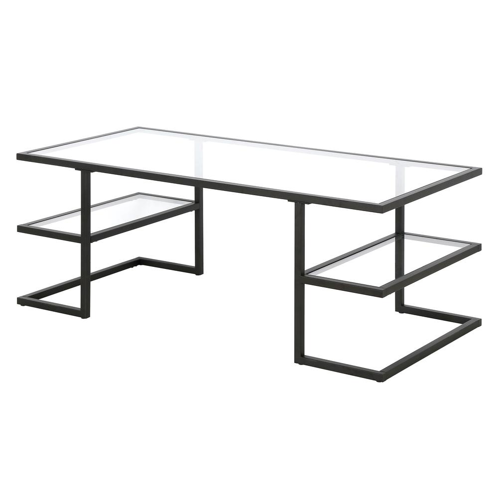 47" Black Glass And Steel Coffee Table With Two Shelves. Picture 4
