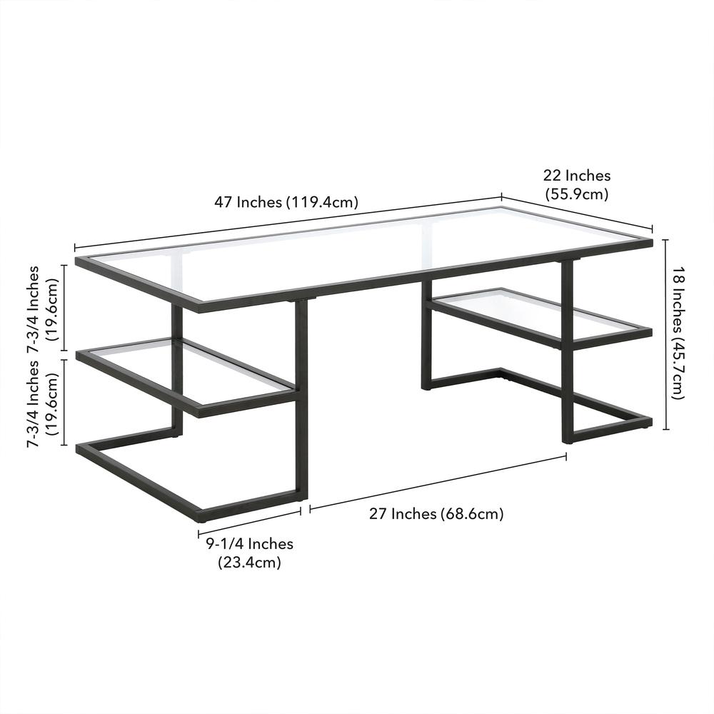 47" Black Glass And Steel Coffee Table With Two Shelves. Picture 8