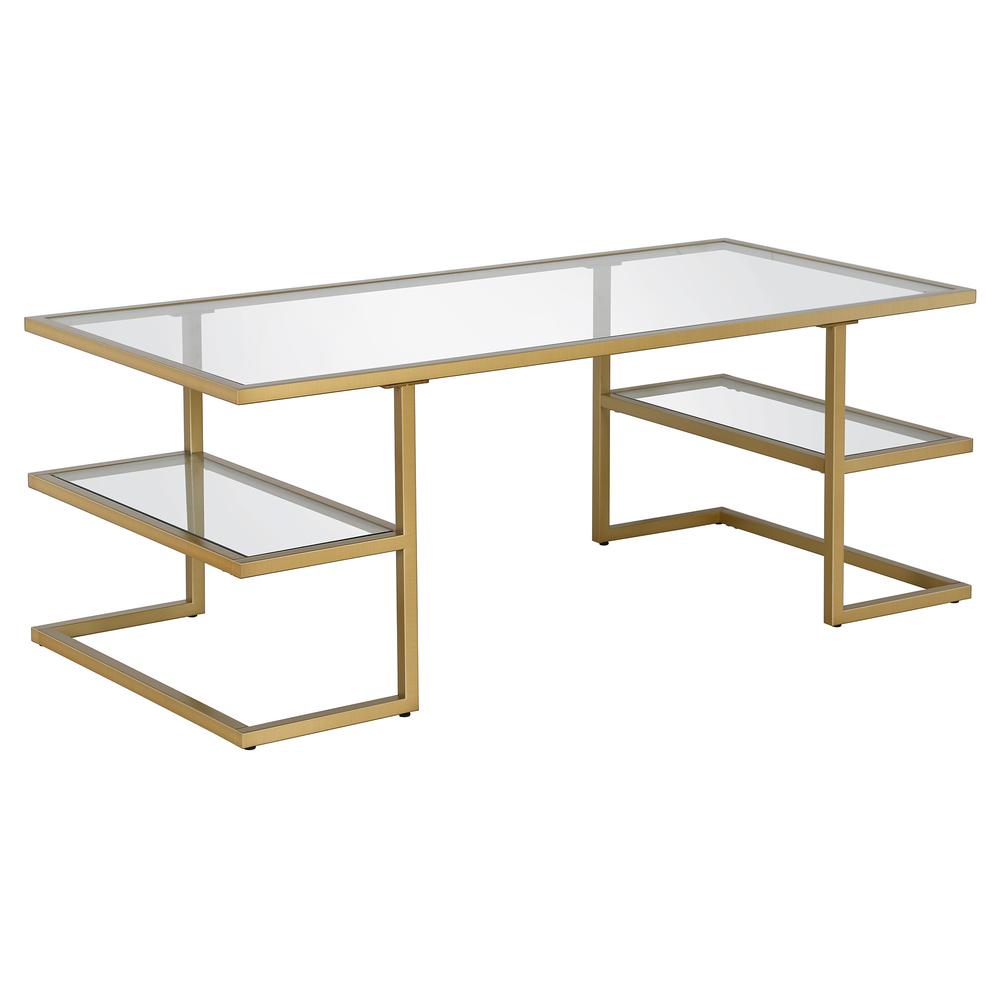 47" Gold Glass And Steel Coffee Table With Two Shelves. Picture 1