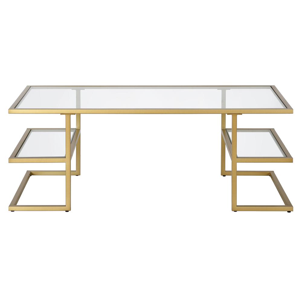 47" Gold Glass And Steel Coffee Table With Two Shelves. Picture 2