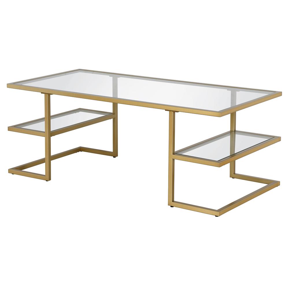 47" Gold Glass And Steel Coffee Table With Two Shelves. Picture 3