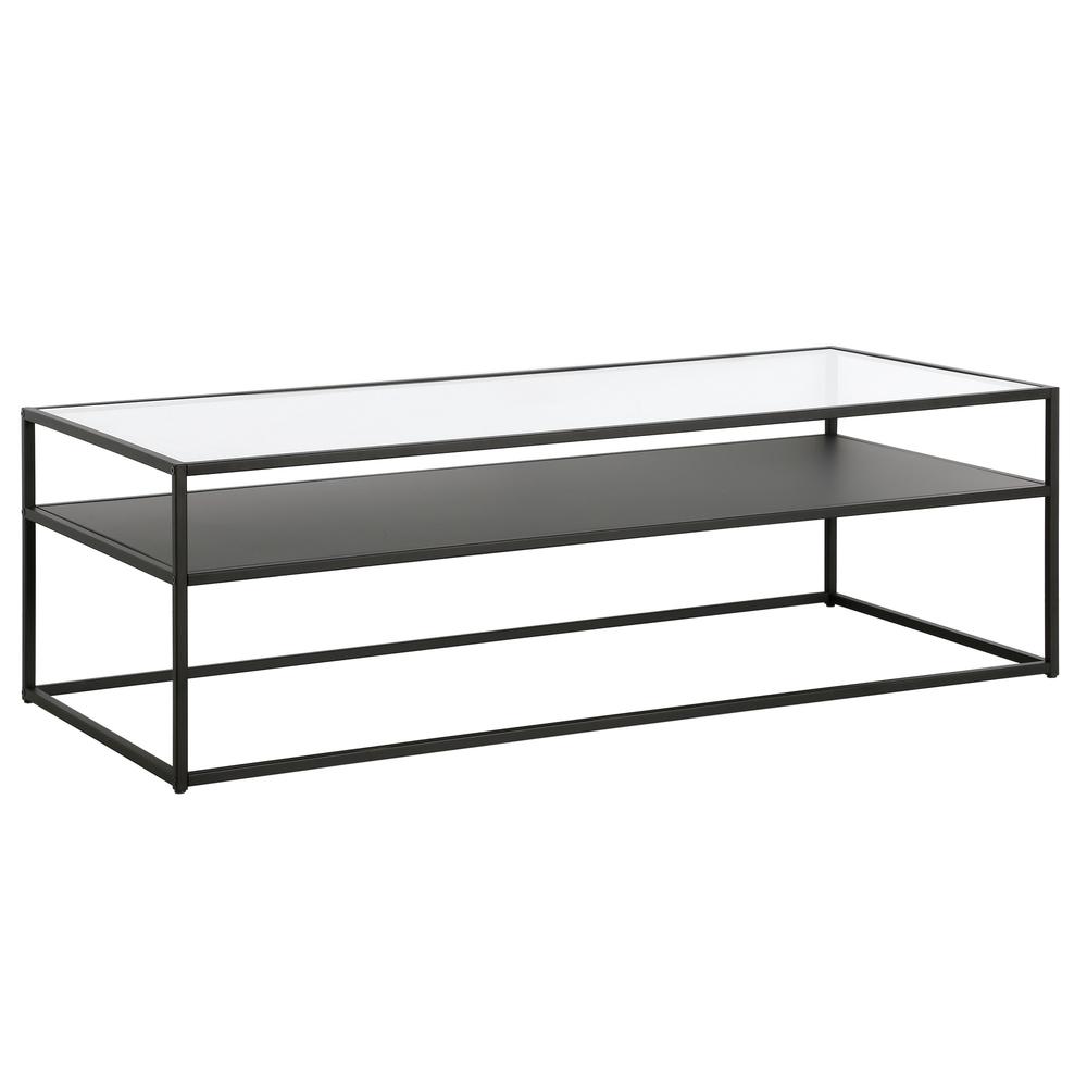 54" Black Glass And Steel Coffee Table With Shelf. Picture 1