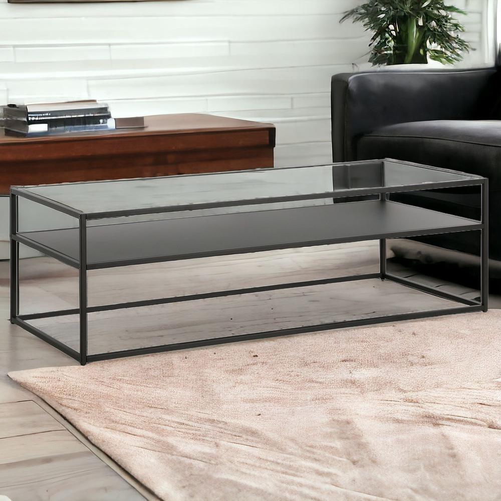 54" Black Glass And Steel Coffee Table With Shelf. Picture 2