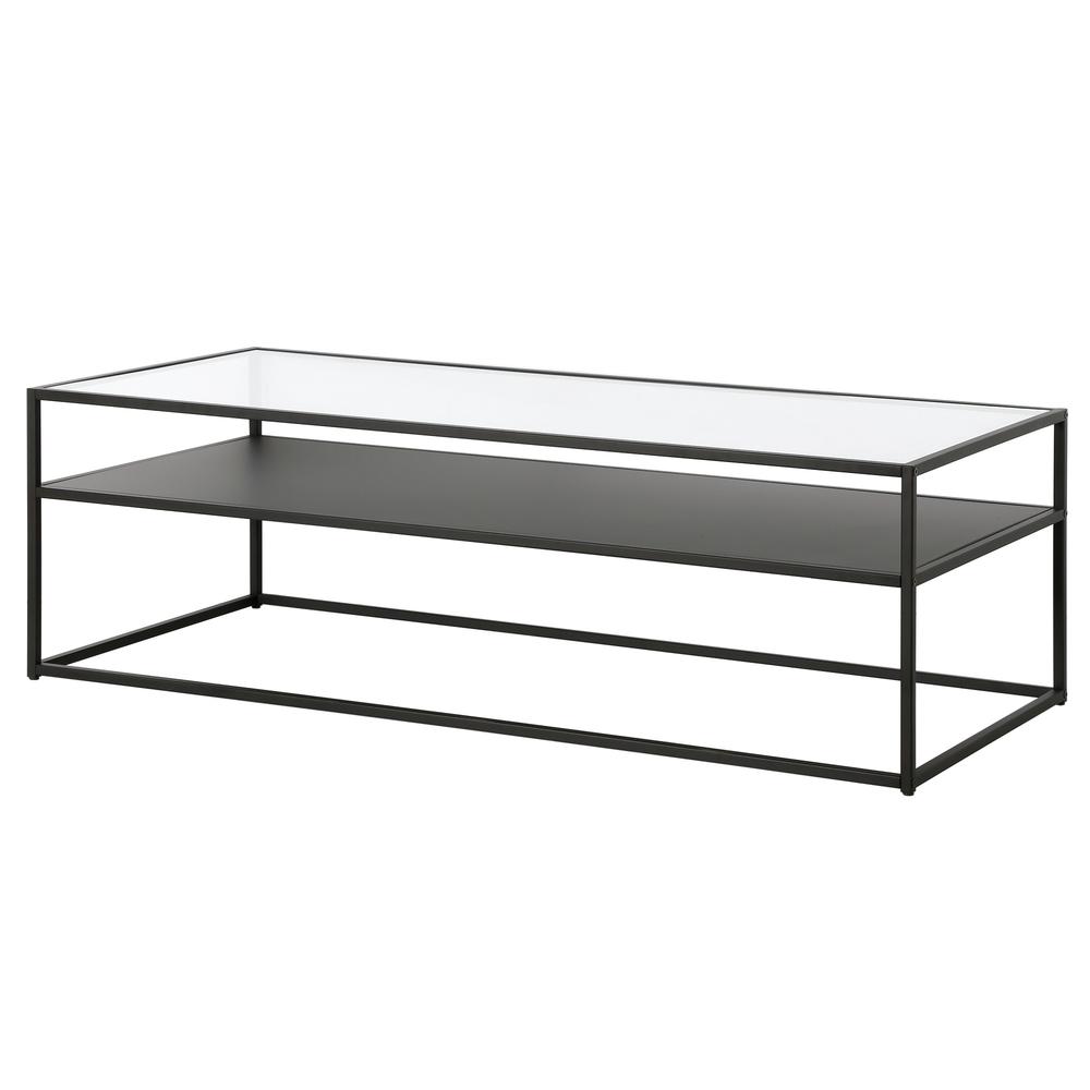 54" Black Glass And Steel Coffee Table With Shelf. Picture 4