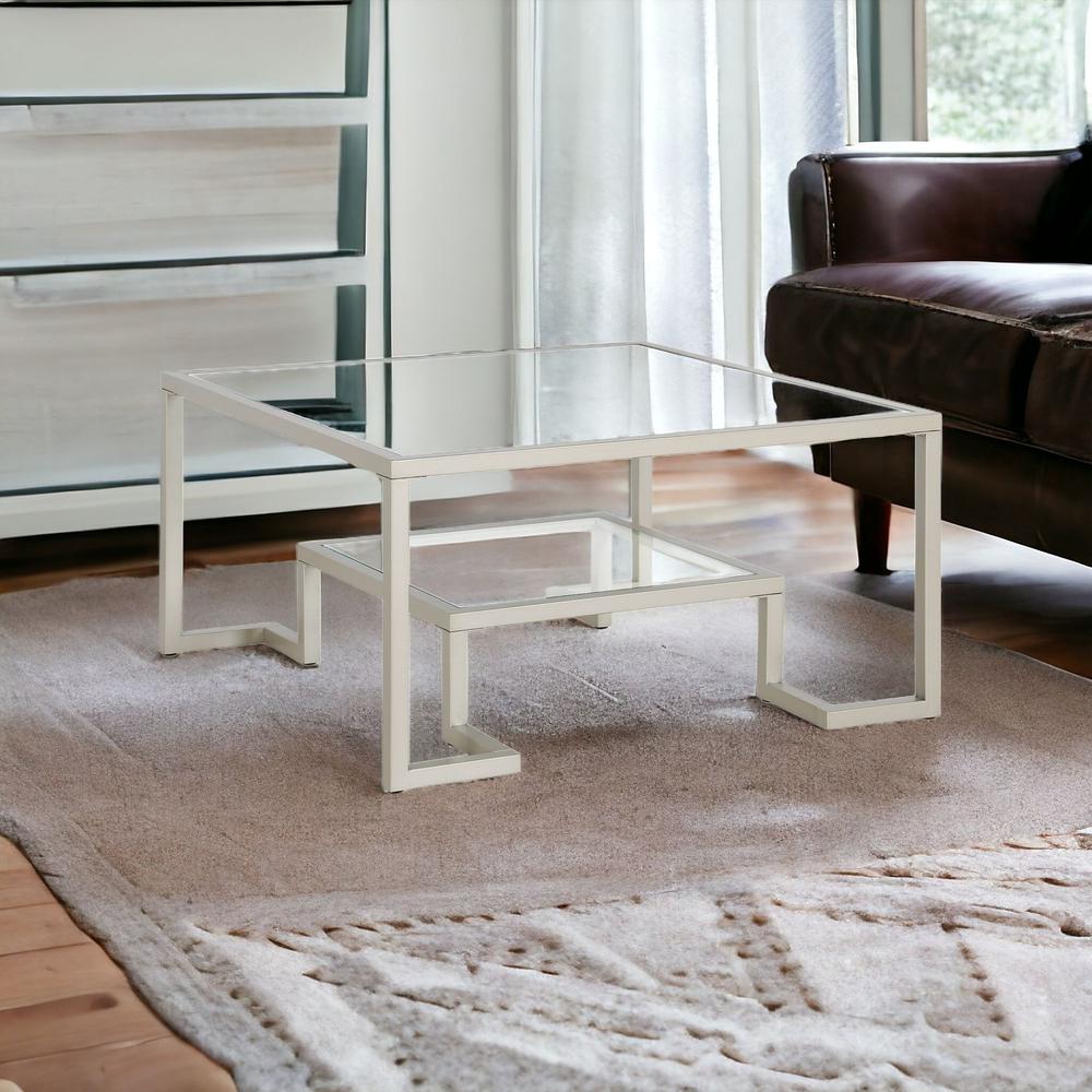 32" Silver Glass And Steel Square Coffee Table With Shelf. Picture 2