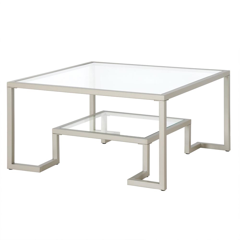 32" Silver Glass And Steel Square Coffee Table With Shelf. Picture 4