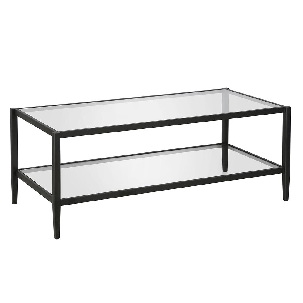 45" Black Glass And Steel Coffee Table With Shelf. Picture 1