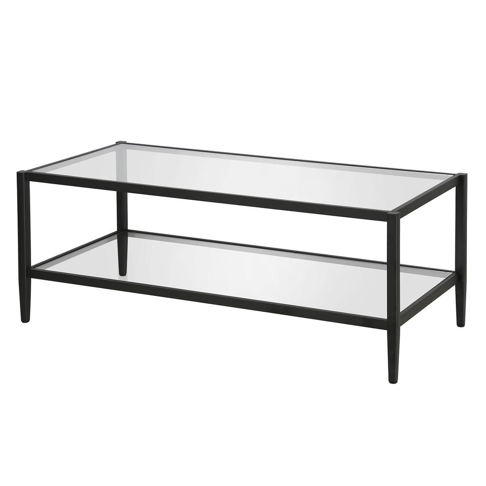 45" Black Glass And Steel Coffee Table With Shelf. Picture 3